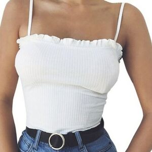 Hidden Brand Ribbed Cropped Lettuce Trim Spaghetti Strap Tank Top White Medium